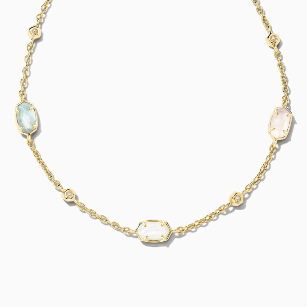 triple stone pink quartz blue illusion necklace - 0
